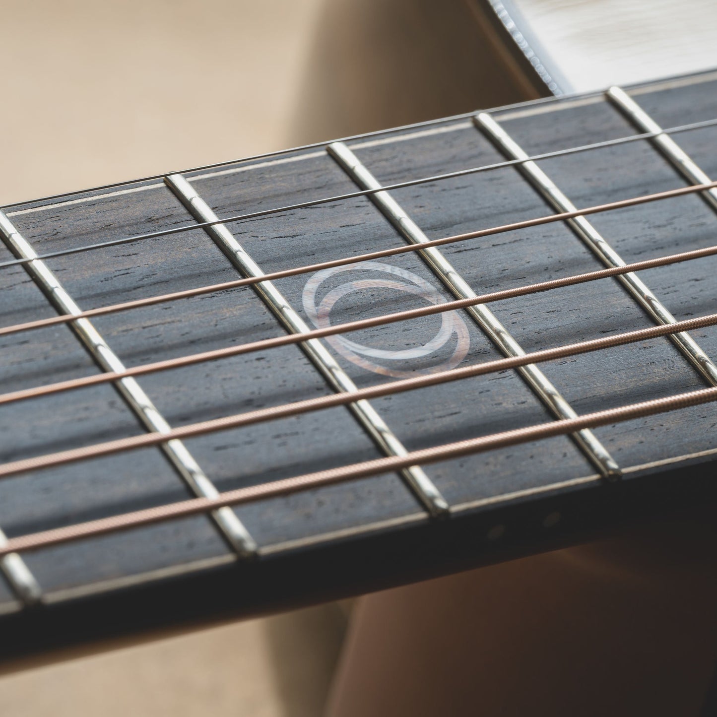 Close-up of an inlay on a guitar fretboard with frets and strings